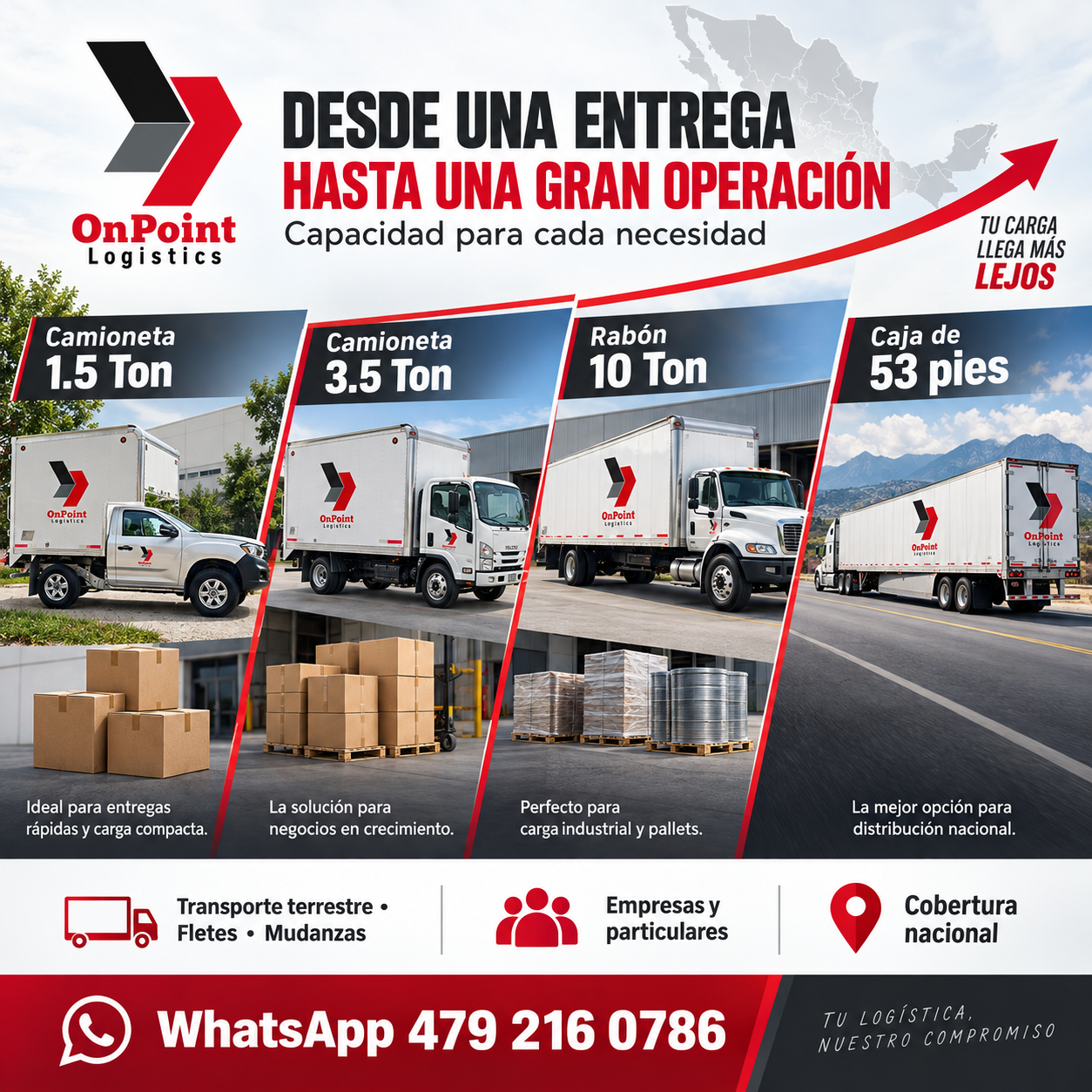 Unidades de carga OnPoint Logistics: camionetas, rabón y caja de 53 pies